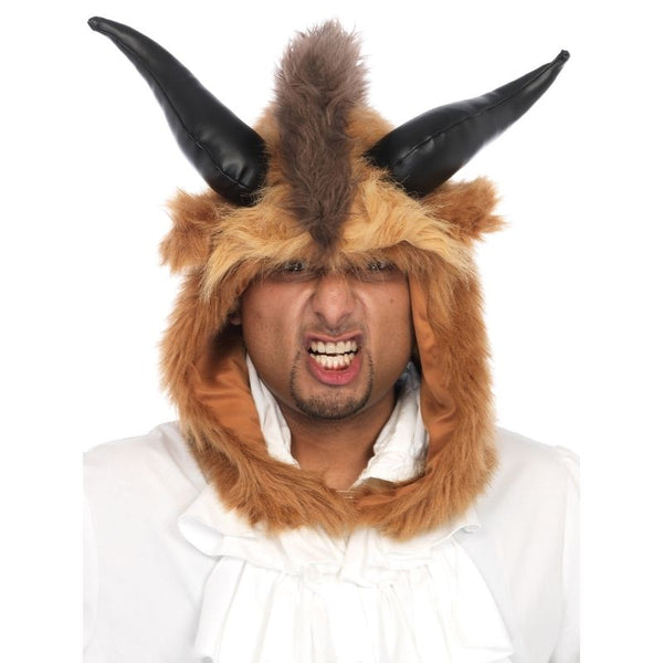 Men's Brutal Beast Hood with Horns, fur headdress with feature vinyl horns and dark fur mane. adult size.