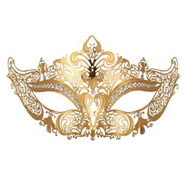 Metal Masquerade Mask - Gold embellished with clear diamantes.