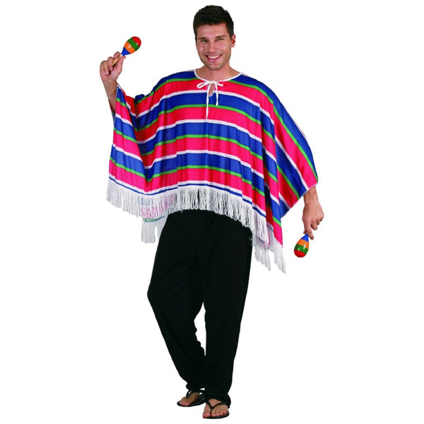 mexican poncho in red and blue stripe with fringing adult size.