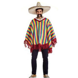 mexican stiped poncho in bright colours with fringing.