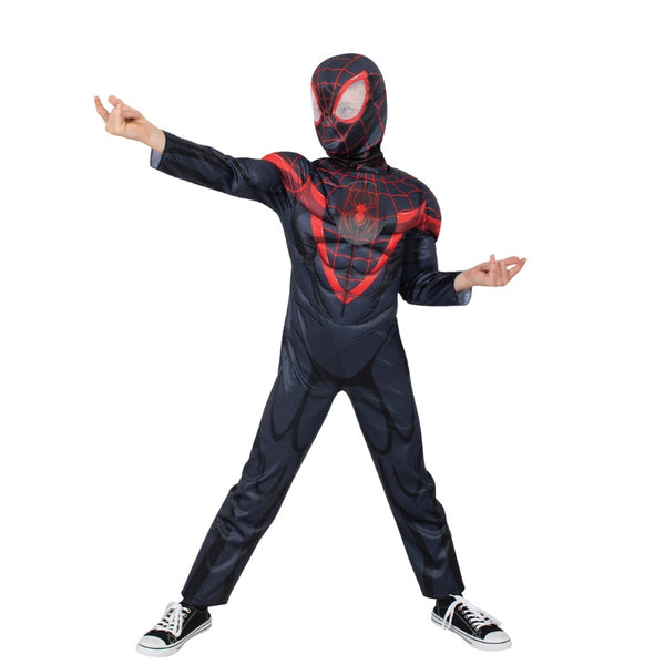 Miles Morales Deluxe Lenticular Costume - Child, black padded jumpsuit with red spider/web print plus headpiece is a snood with mesh eye holes.