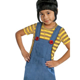 Minion Agnes Deluxe Child Costume, denium look jumpsuit with attached shirt and black wig with pony tail.