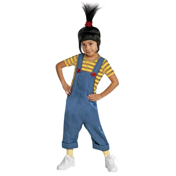 minion agnes deluxe child costume, denium look jumpsuit with attached yellow stripe undershirt plus black wig.