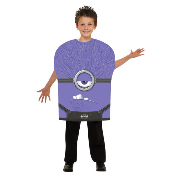 Minion Evil Halloween Child Costume, over sized foam tunic with printed face and overalls.