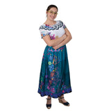 Mirabel Deluxe Encanto Costume - Adult, stunning dress,printed floral pattern on bodice, long skirt has a detailed floral design.