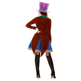 Miss Hatter multi-coloured adult costume, brown tail jacket, knee length skirt and oversized hat.