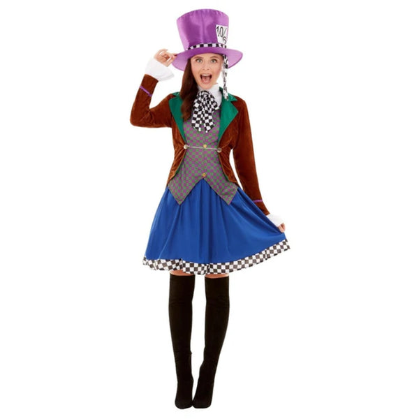 Miss Hatter Multi-Coloured Adult Costume, jacket, waistcoat, skirt and hat.