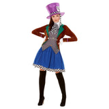 Miss Hatter Multi-Coloured Adult Costume, brown jacket with tails attached check vest, blue skirt with check hemline, purple hat with 10/6.