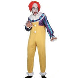 Money wise clown costume, yellow jumpsuit with blue and purple stripe sleeves and white collar.