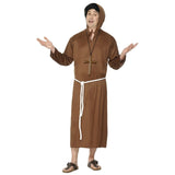 Medieval Monk Costume, brown robe with hood and white cord.