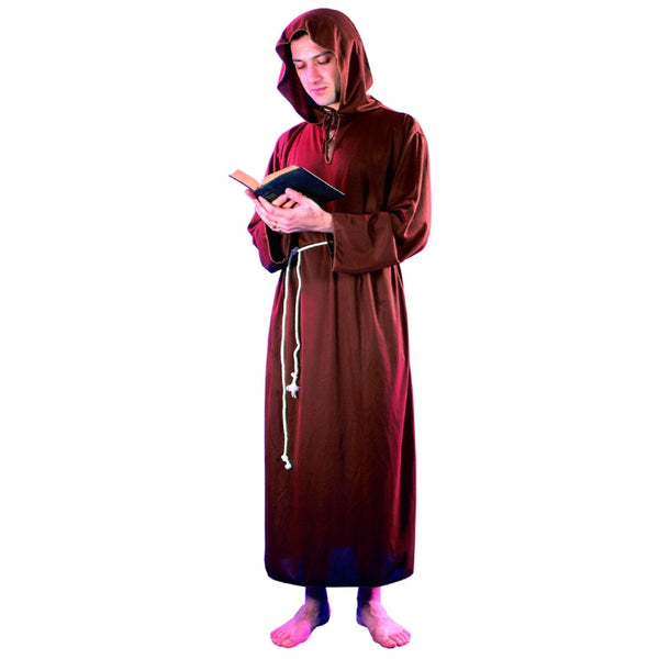 Monk robe in brown with attached hood and cord belt.