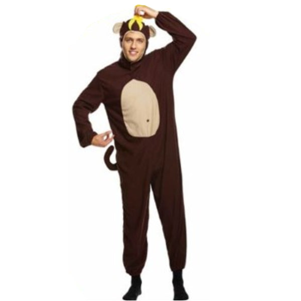 Monkey adult jumpsuit costume with seperate hood with banana on top.