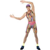 Mr Energizer costume featuring all-in-one rainbow shorts outfit with 1980s vibe, paired with a sequin cap and a bright pink bum bag.