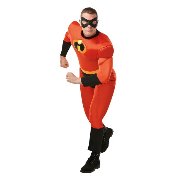 Mr Incredible Mens Costume - Incredibles 2, padded jumpsuit with "I" symbol on chest and plain black face mask.