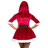 Mrs Claus Costume by Leg Avenue - Hire, dress with attached hood, elbow length sleeves and full skirt.