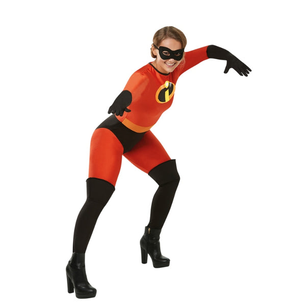 Mrs Incredible ladies costume, lycra jumpsuit, attached boot tops and gloves plus mask.