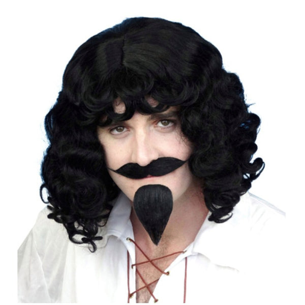 Musketeer Wig, Mo and Beard Set, shoulder length wig with waves in black, goatee and mo.