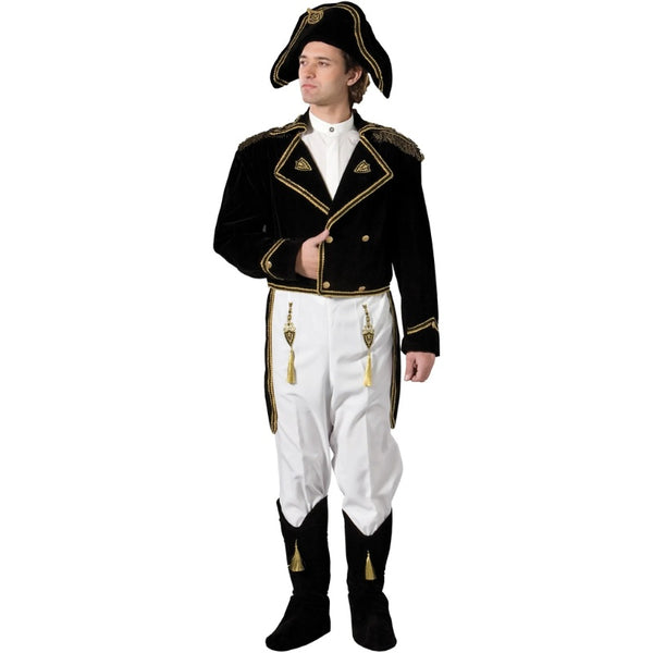 Napoleon Men's Costume - Hire, black double breasted tail coat with gold trim and epalettes, matching hat, white pants and boot covers.