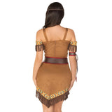 Native American Princess - Hire, off the shoulder dress with thin shoulder straps, angle hemline with fringing.