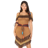 Native American Princess - Hire, brown suede dress with fringing and braid, hire includes, dress, belt, arm band, and headdress.