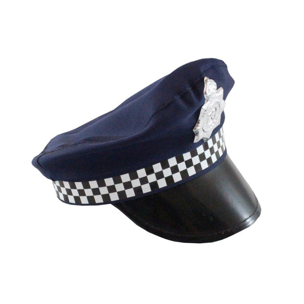 Navy Blue Police Cap, unisex cop hat with black and white check band and badge. adult size.
