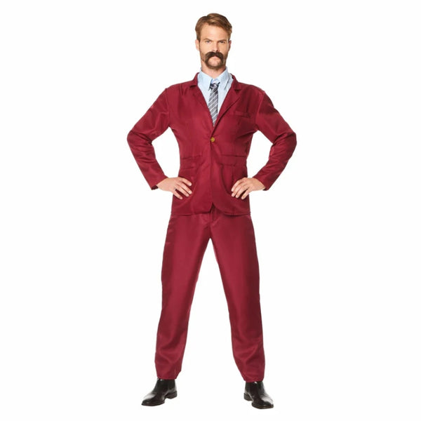 Burgundy Newsreader Suit inlcudes jacket with shirt insert, trousers and tie.