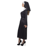 Nun costume, dress comes below the knee with attached collar, belt and headdress.