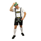 Oktoberfest Beer Man Costume-Black-Sweidas, mid thigh lederhosen with white trim and adjustable braces. white shirt.