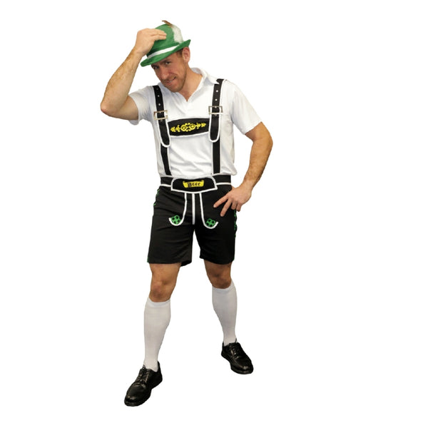 Oktoberfest Beer Man Costume-Black-Sweidas, mid thigh lederhosen with white trim and adjustable braces. white shirt.