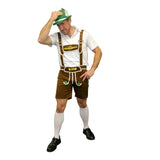 Oktoberfest Beer Man Costume-Brown-Sweidas mid thigh length shorts with attached adjustable braces, white short sleeve shirt.