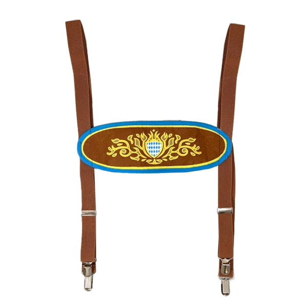 Oktoberfest Lederhosen Braces, elastised brown braces, adjustable with decorative section joining the braces together.