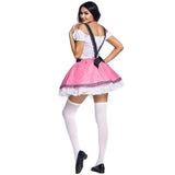 Oktoberfest Pink - Hire, short dirndl with peasant top and full skirt, cross over braces.'