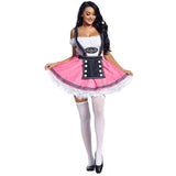 Oktoberfest Pink - Hire, dress with peasant style top, full skirt with attached apron and braces cross over at the back.