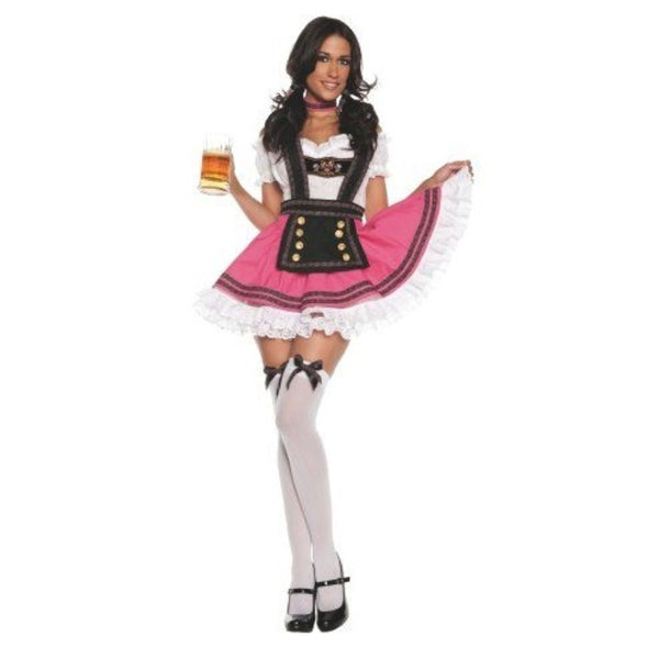 Oktoberfest pink hire dirndle, cute and sassy, pink full skirt with black apron and braces, peasant style top. Hire includes dress and apron.