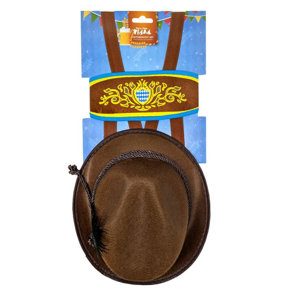 Oktoberfest Set includes brown trilby and suspenders.