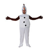 Olaf Adult costume, jumpsuit with attached hood with Olaf face and large nose.