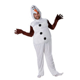 Olaf Adult Costume, velour jumpsuit with padded tummy attached hood and gloves.