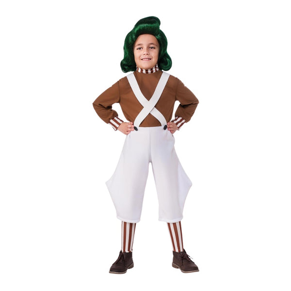 Oompa Loompa Classic Costume, jumpsuit with attached pantaloons, cross over braces, striped leg pieces. wig sold separtely.