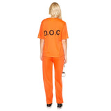 Orange Prisoner Ladies Costume, top with D.O.C. on the back, and ID badges.