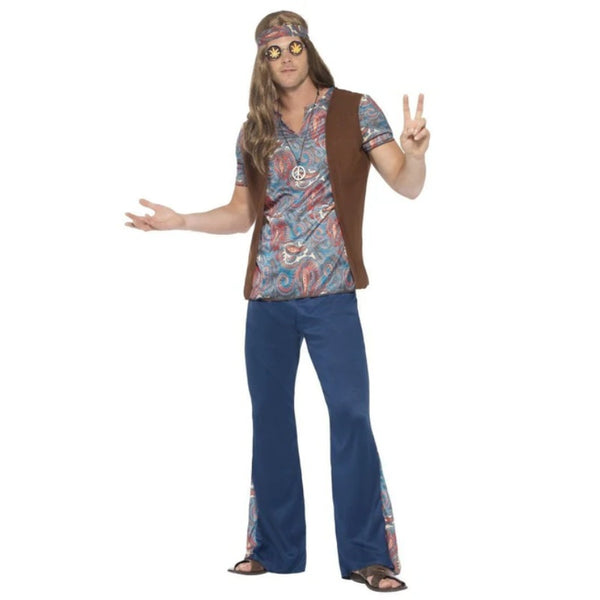 Orion the Hippie Mens Costume, blue fare pants with colourful insert, matching short sleeve top with attached brown vest. matching headtie and peace pendant.
