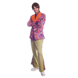 Paisley suit hire, bright coloured swirl print lined jacket, with contrasting pants and matching flare, colourful shirt.