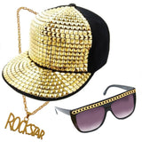 Party Rock Kit - Studded Cap, Glasses, Neck Chain, gold studded cap, black glasses with gold chain trim, rock star necklace.