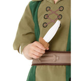 Peter pan disney costume, top has print of lacing at chest. Plastic eva dagger.