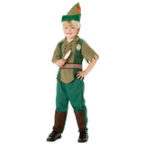 Peter pan disney child costume, two tone green top and trousers with faux leather panels at the front. Top has print of peter pan on chest. Hat in two shades of green with feather.