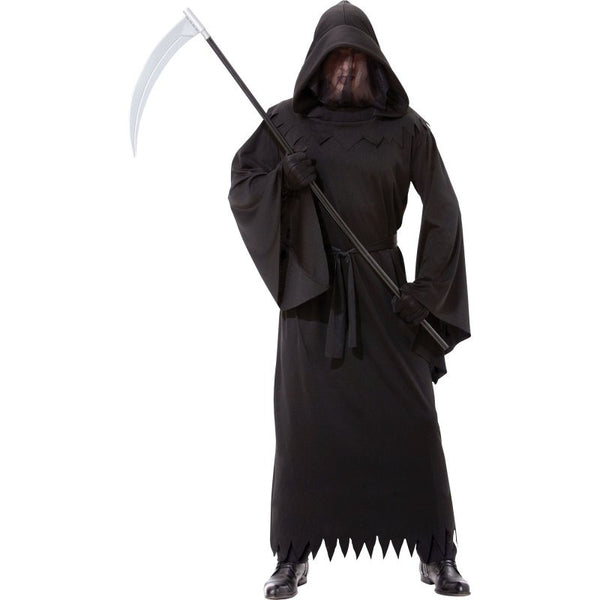 Phantom Of Darkness Adult Costume, black reaper robe with trumpet sleeves, hood with face veil and sash.