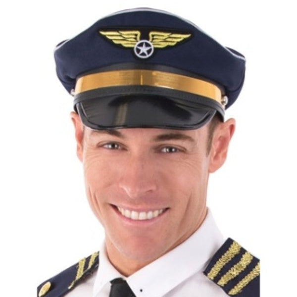 pilot hat in navy with wings emblem on the front.