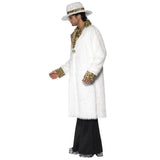 Pimp Costume White & Leopard Skin, knee length coat and black flared trousers.