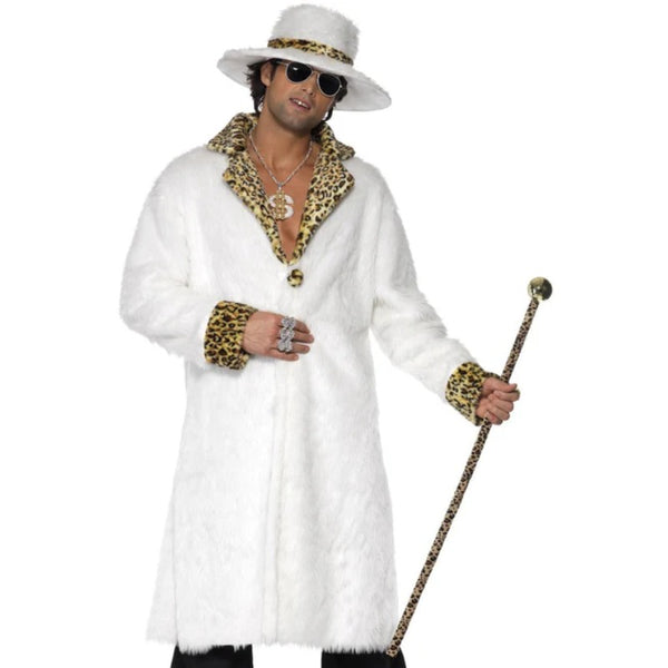 Pimp Costume White & Leopard Skin, white fur knee length coat with leopard print collar and cuffs, mataching hat and black trousers.