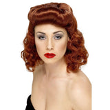 Pin up girl wig in auburn, pinned up on top and loose curls.