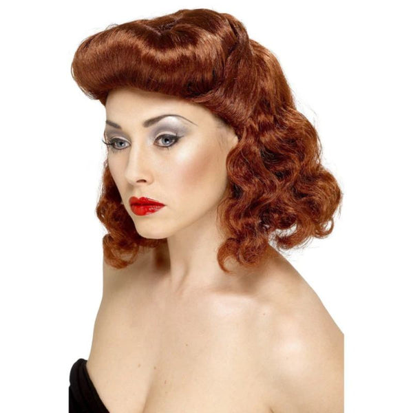 Pin up girl wig, auburn, top pinned up and loose shoulder length curls.